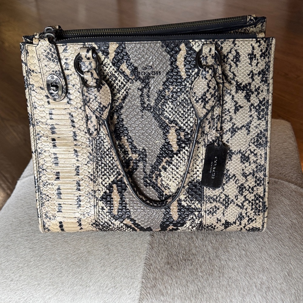 Coach Leather Tote Snakeskin Design- Black and Cream